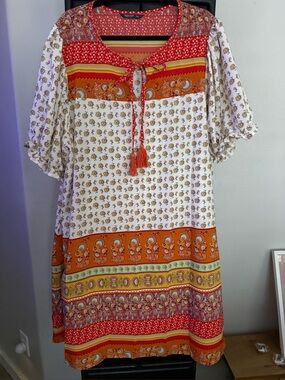 Boho Paisley Tie-Neck Dress in Orange and White